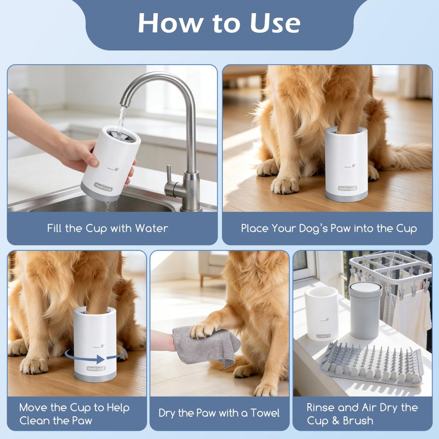 Nobleza Limpiador De Patas Para Perros Talla S - Kit De Aseo 5 En 1 Con 3 Toallas Y 1 Cepillo De Baño Grande, Taza Lavadora Portátil De Silicona Para Mascotas, Elimina Barro Y Suciedad (Gris)
