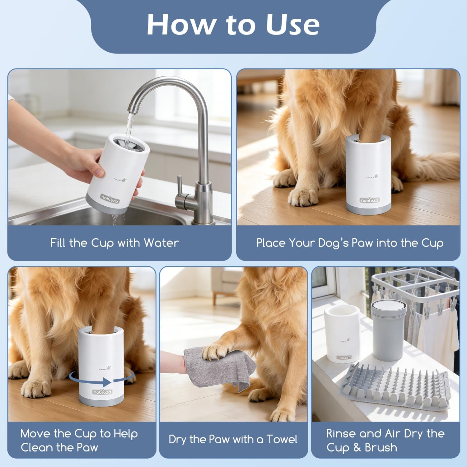 Nobleza Limpiador De Patas Para Perros Talla S - Kit De Aseo 5 En 1 Con 3 Toallas Y 1 Cepillo De Baño Grande, Taza Lavadora Portátil De Silicona Para Mascotas, Elimina Barro Y Suciedad (Gris)