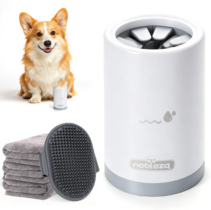 Nobleza Limpiador De Patas Para Perros Talla S - Kit De Aseo 5 En 1 Con 3 Toallas Y 1 Cepillo De Baño Grande, Taza Lavadora Portátil De Silicona Para Mascotas, Elimina Barro Y Suciedad (Gris)