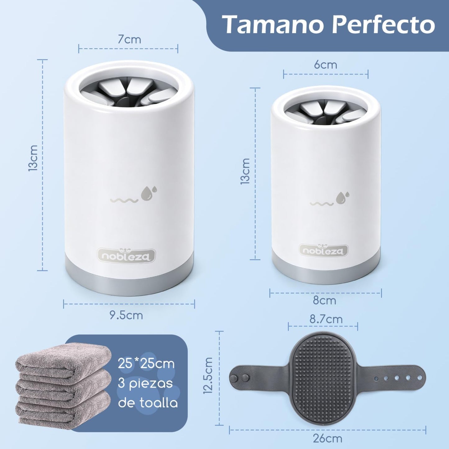 Nobleza Limpiador De Patas Para Perros Talla S - Kit De Aseo 5 En 1 Con 3 Toallas Y 1 Cepillo De Baño Grande, Taza Lavadora Portátil De Silicona Para Mascotas, Elimina Barro Y Suciedad (Gris)